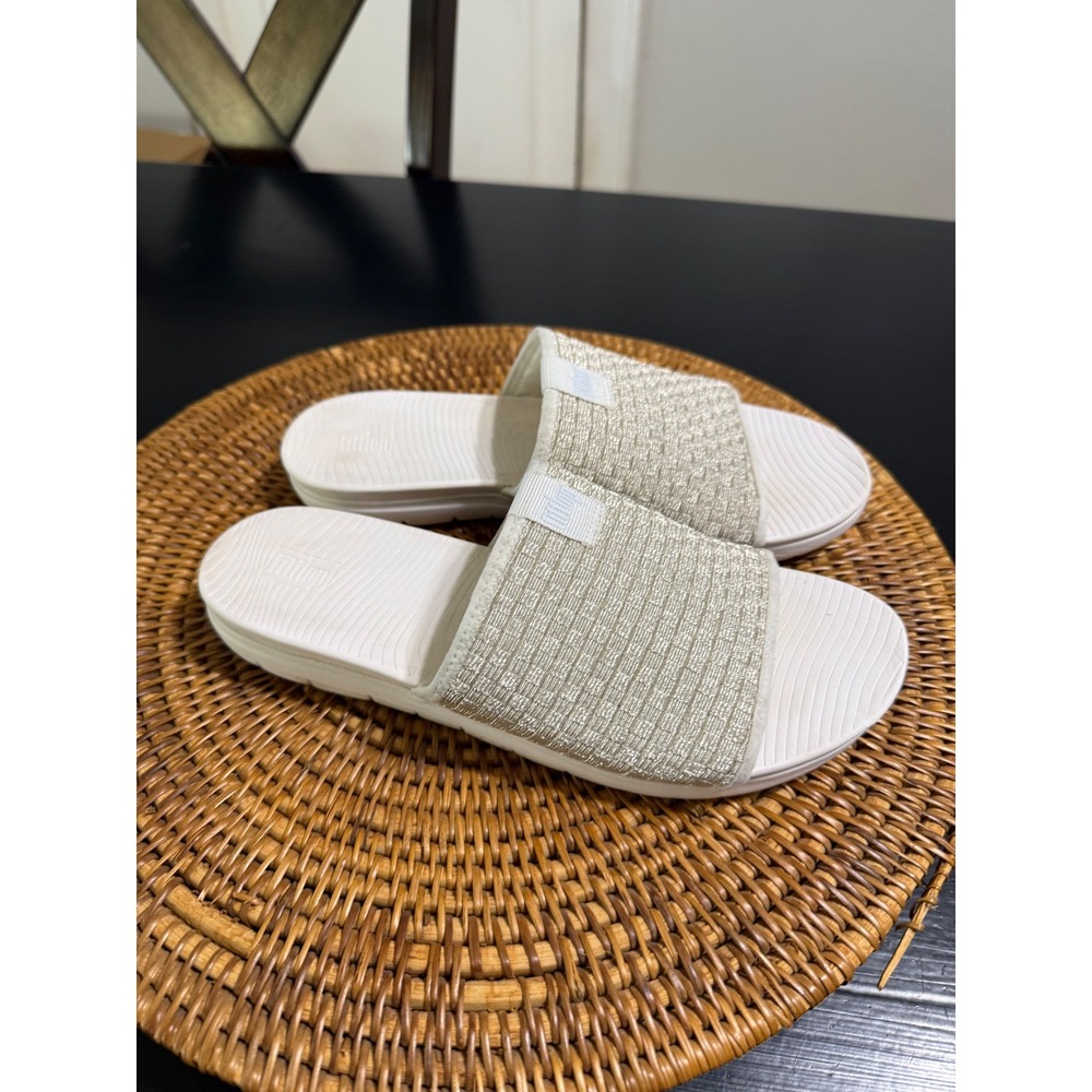 FitFlop iQushion Ergonomic Slides Champagne Gold White Woven Sandals US 8
